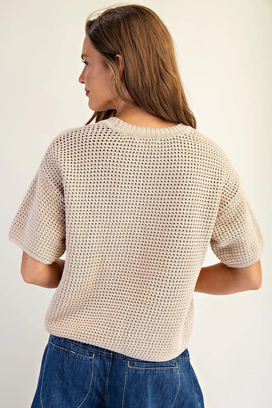Sand Waffle Knit Short Sleeve Sweater