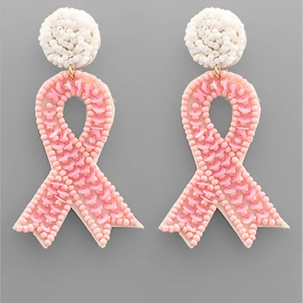 Beaded Pink Ribbon Earrings