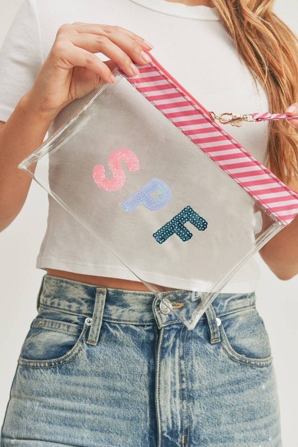 Sequin Letter Pink Trim Clear Pouch - SPF