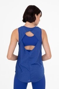 Blue Sheer Striped Mesh Active Tank with Cut-Out Back