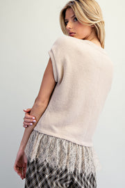 Oatmeal Lace Trim Textured Knit Top