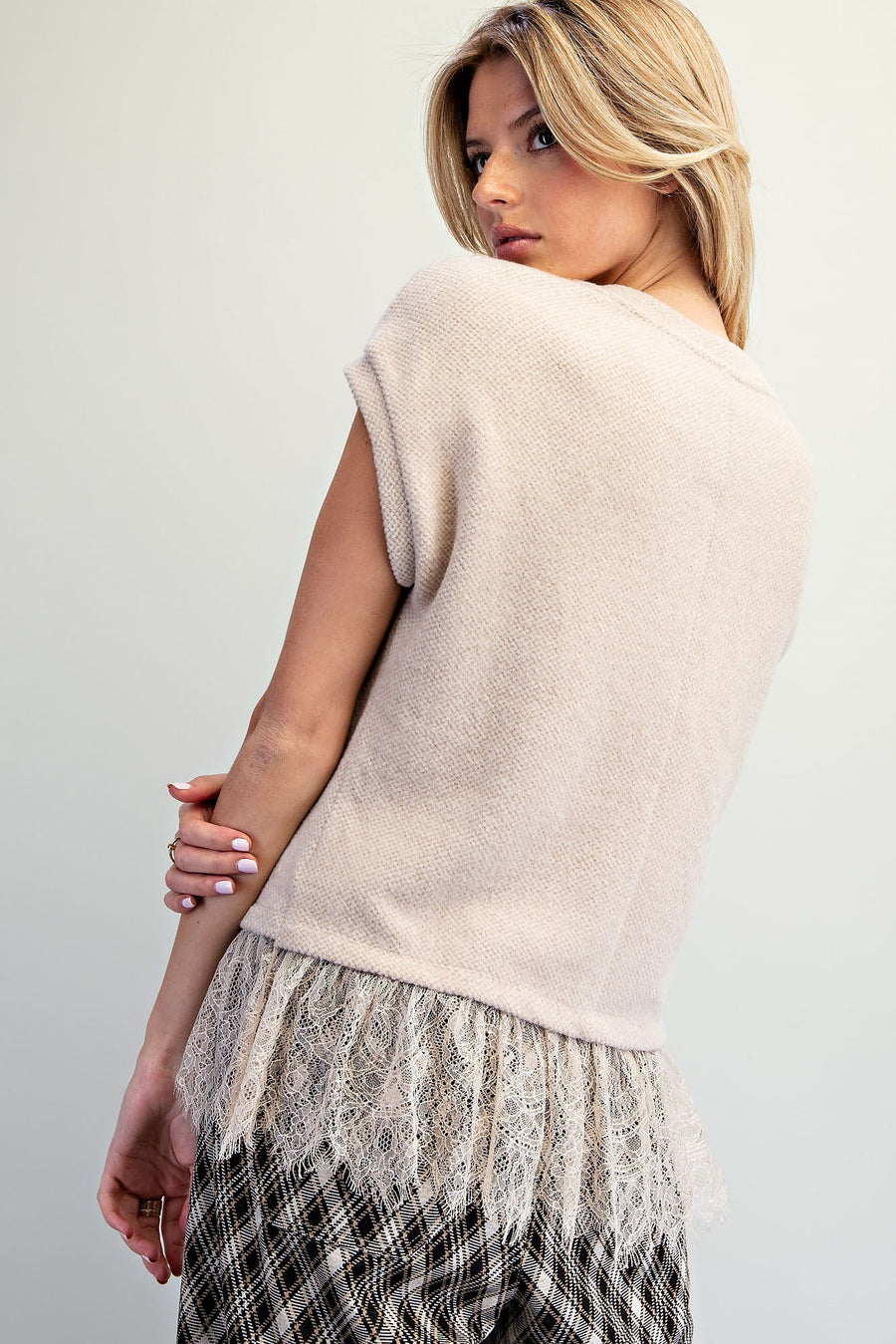 Oatmeal Lace Trim Textured Knit Top