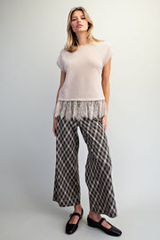 Oatmeal Lace Trim Textured Knit Top