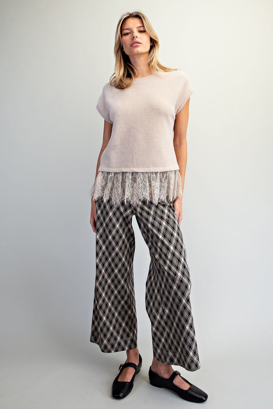 Oatmeal Lace Trim Textured Knit Top