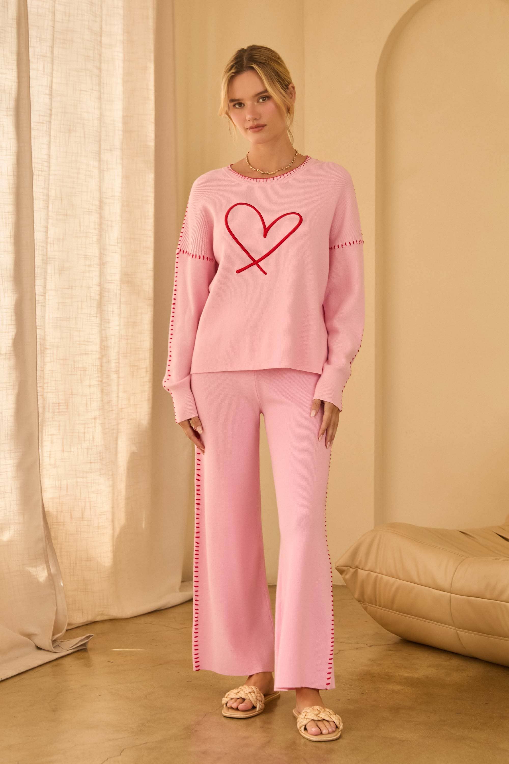 Skies Are Blue Heart-Embroidered Sweater with Blanket Stitch