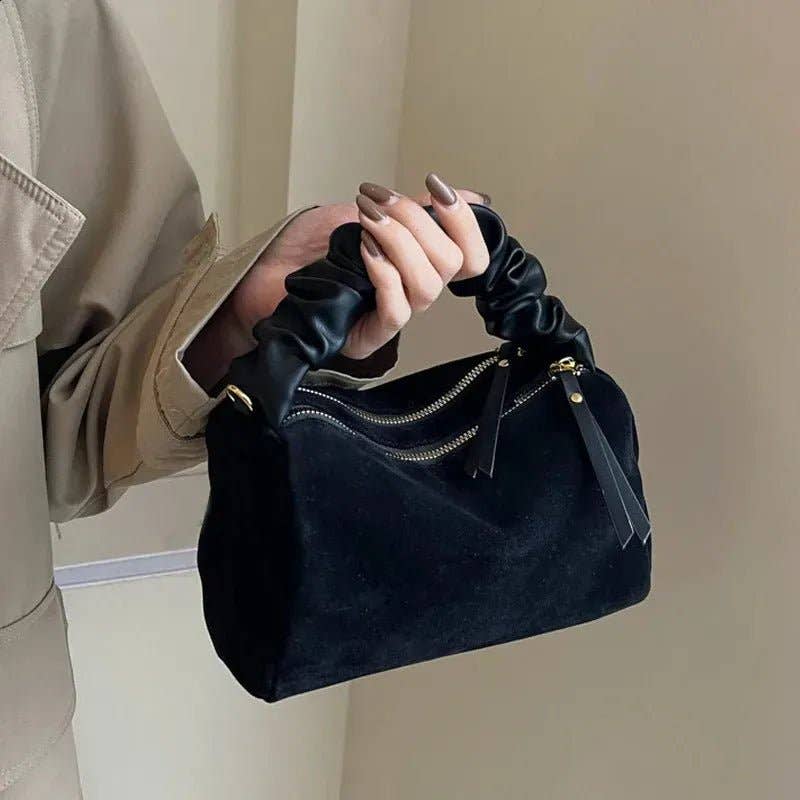 Faux Suede Ruched Handle Crossbody/Satchel Bag