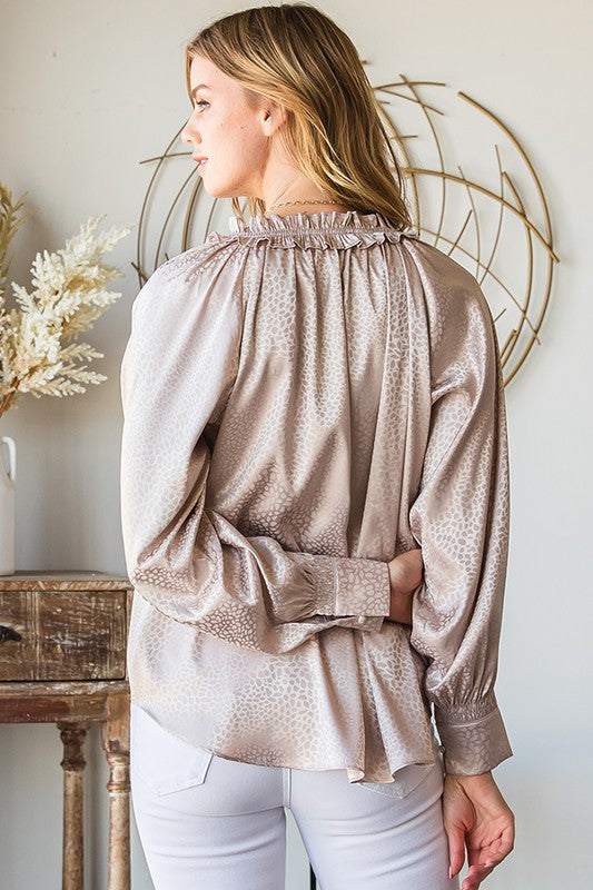 Drawstring Ruffle Long Sleeve Satin Blouse