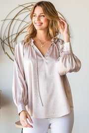 Drawstring Ruffle Long Sleeve Satin Blouse