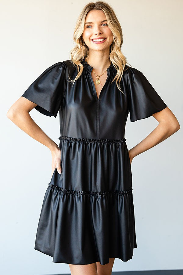 Black Faux Leather Tiered Dress