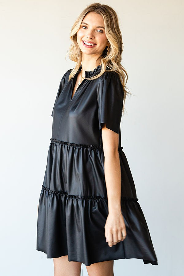 Black Faux Leather Tiered Dress