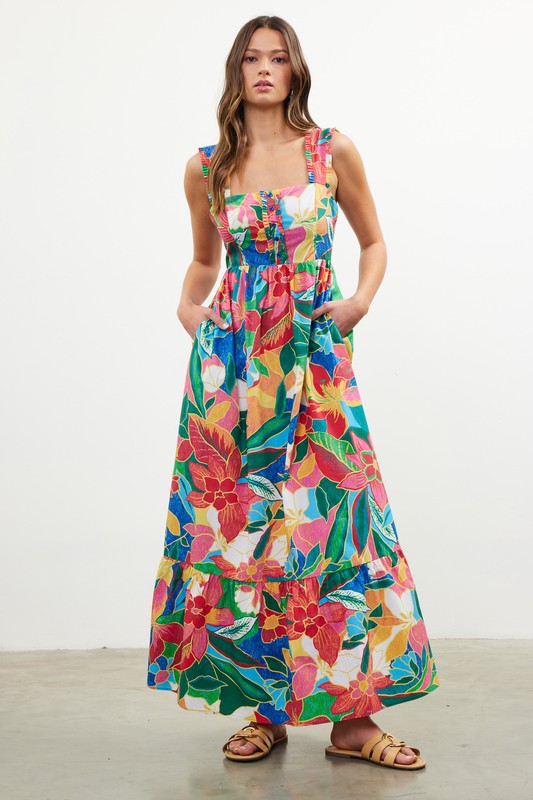 Skies are Blue Tropical Tiered Maxi Dress
