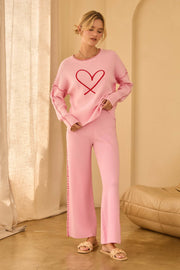 Skies Are Blue Heart-Embroidered Sweater with Blanket Stitch