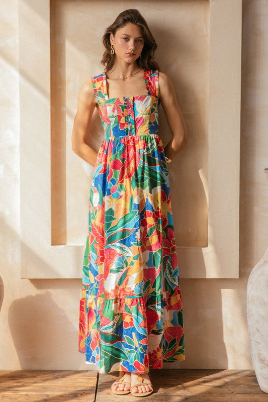 Skies are Blue Tropical Tiered Maxi Dress