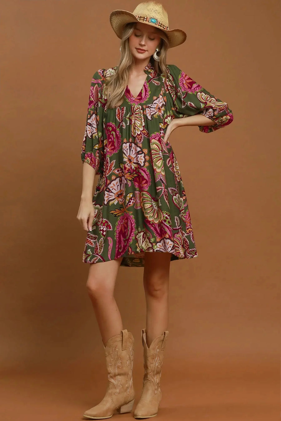 Umgee Olive Abstract Print Babydoll Dress