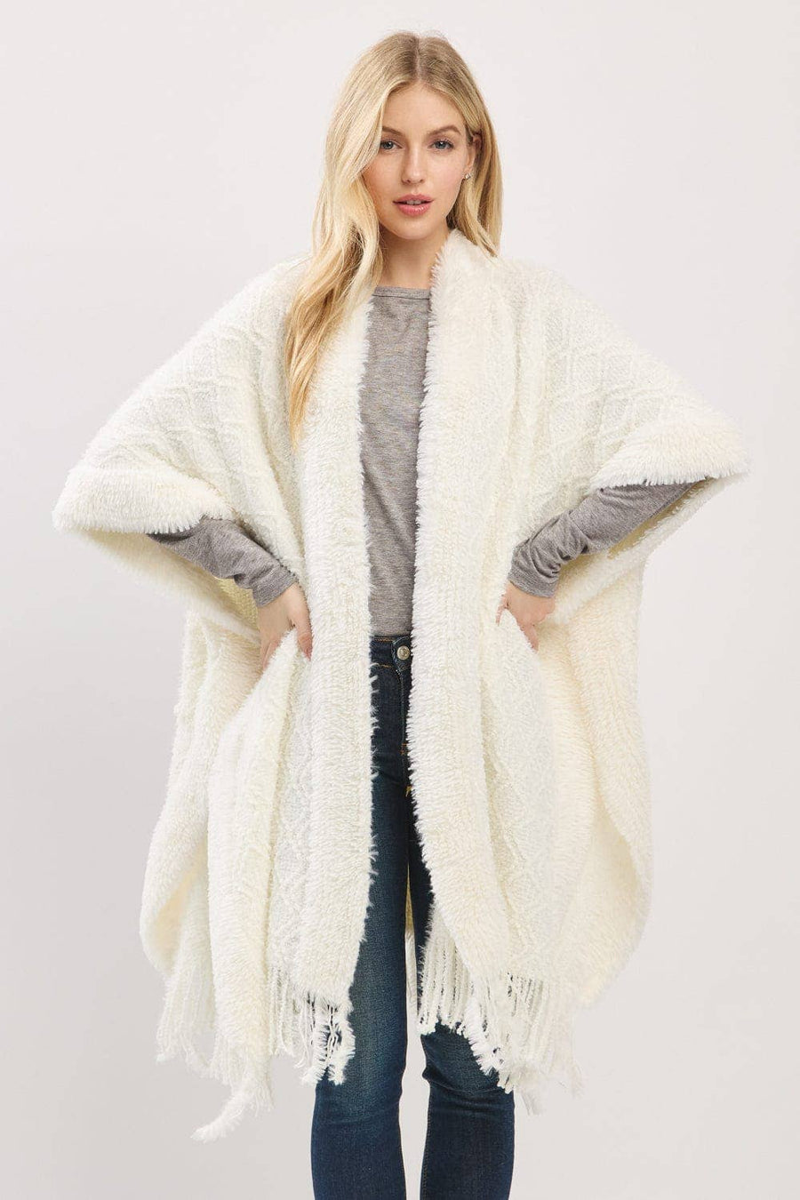 Boucle Knit Soft Drape Fringe Shawl