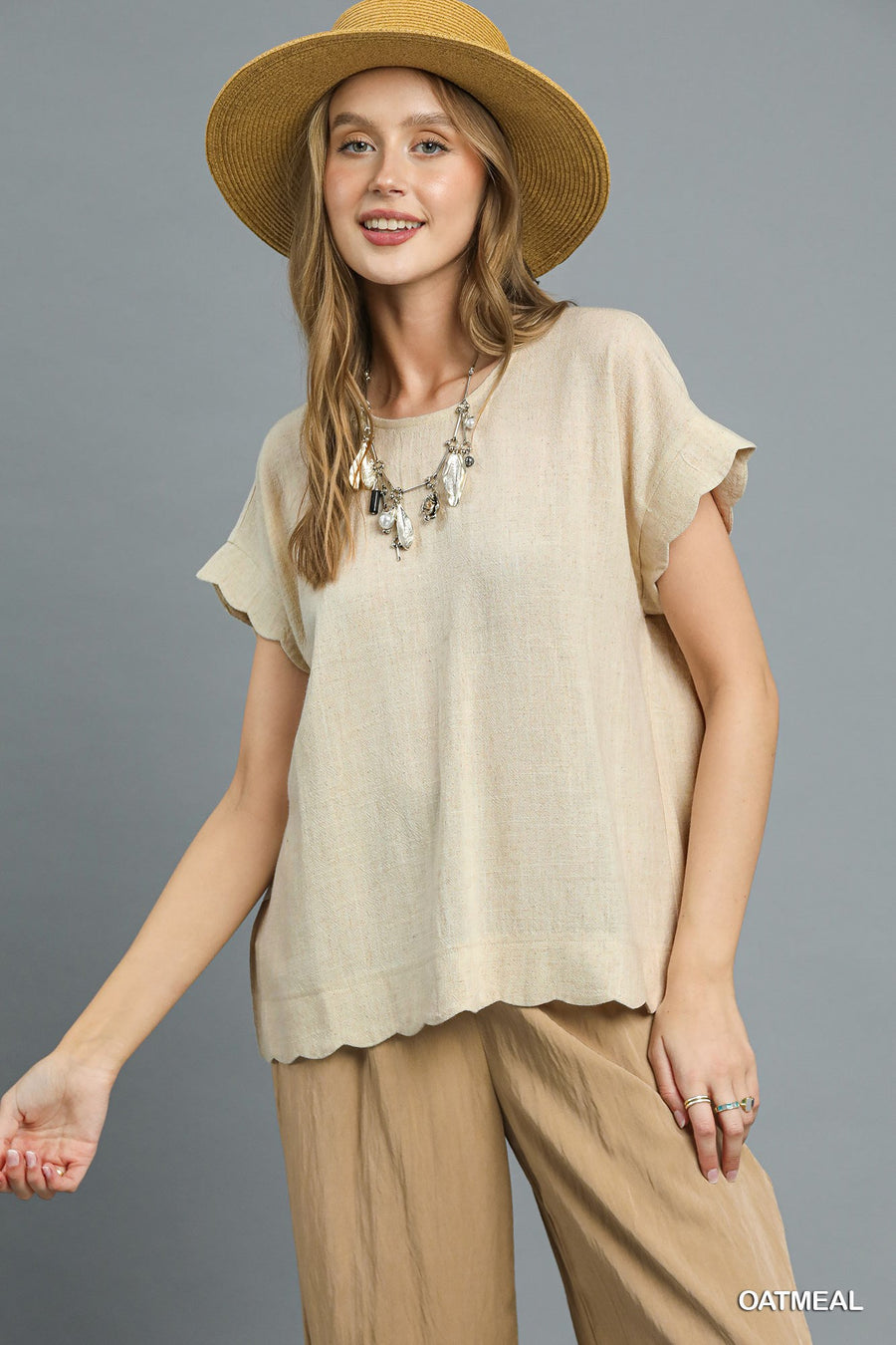 Umgee Oatmeal Scallop Hem Linen Blend Top