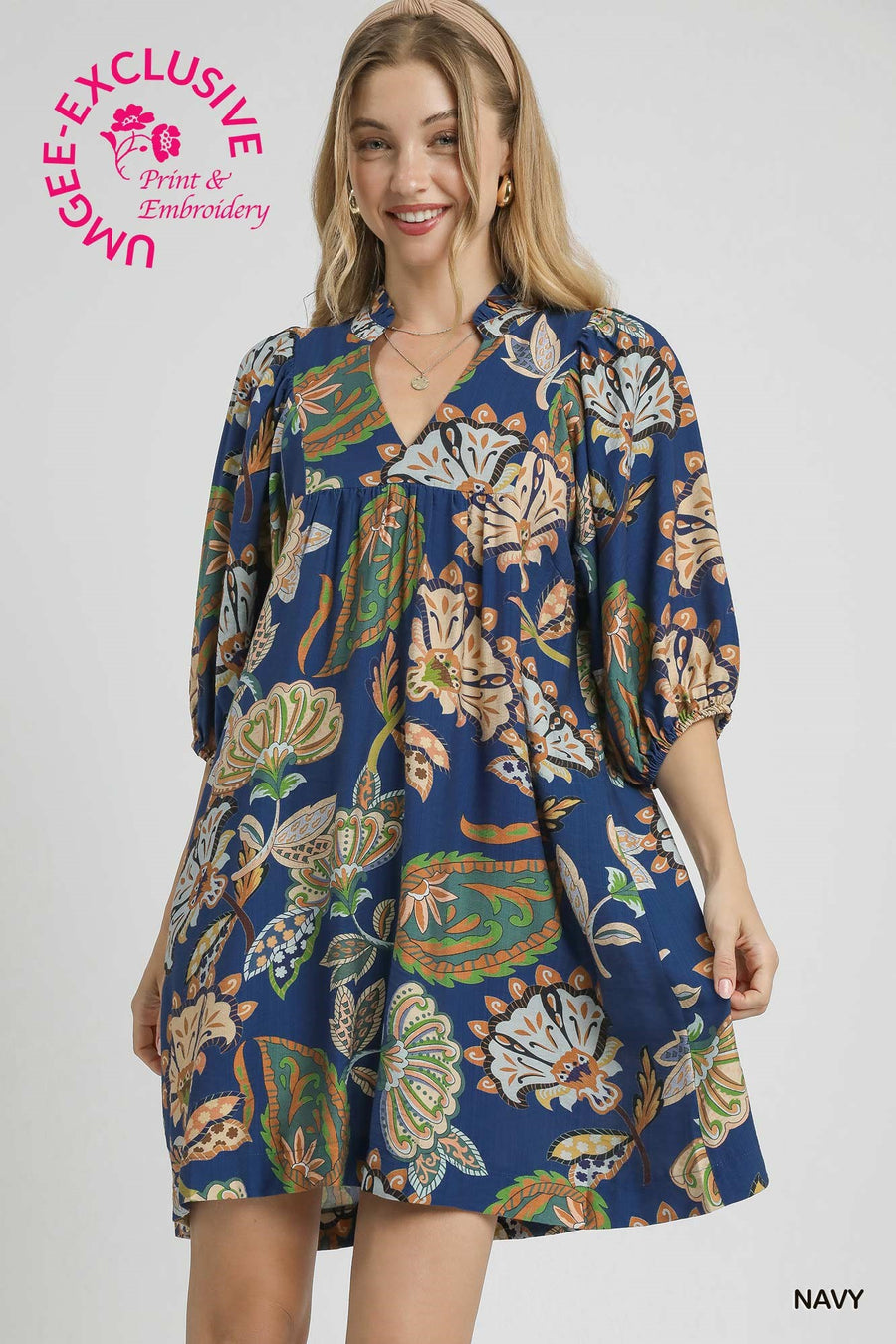 Navy Paisley Puff Sleeve Babydoll Dress