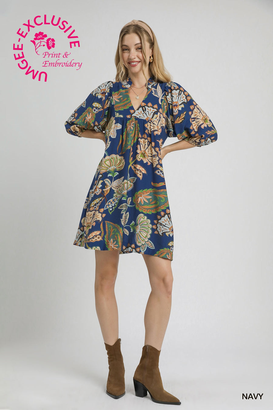 Navy Paisley Puff Sleeve Babydoll Dress