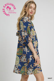 Navy Paisley Puff Sleeve Babydoll Dress