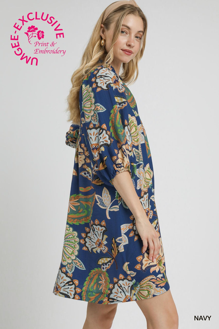 Navy Paisley Puff Sleeve Babydoll Dress