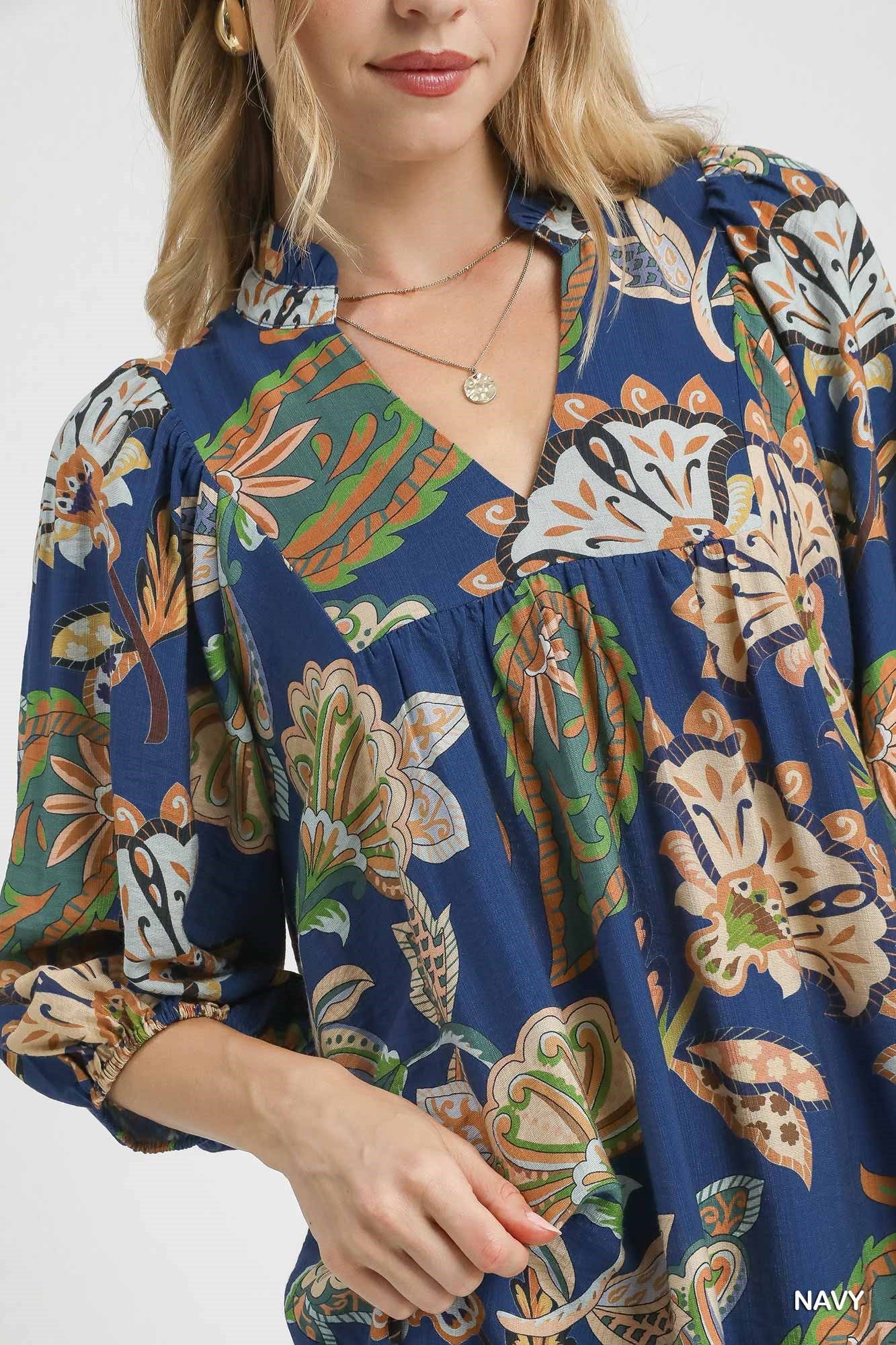 Navy Paisley Puff Sleeve Babydoll Dress
