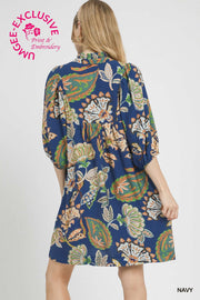 Navy Paisley Puff Sleeve Babydoll Dress