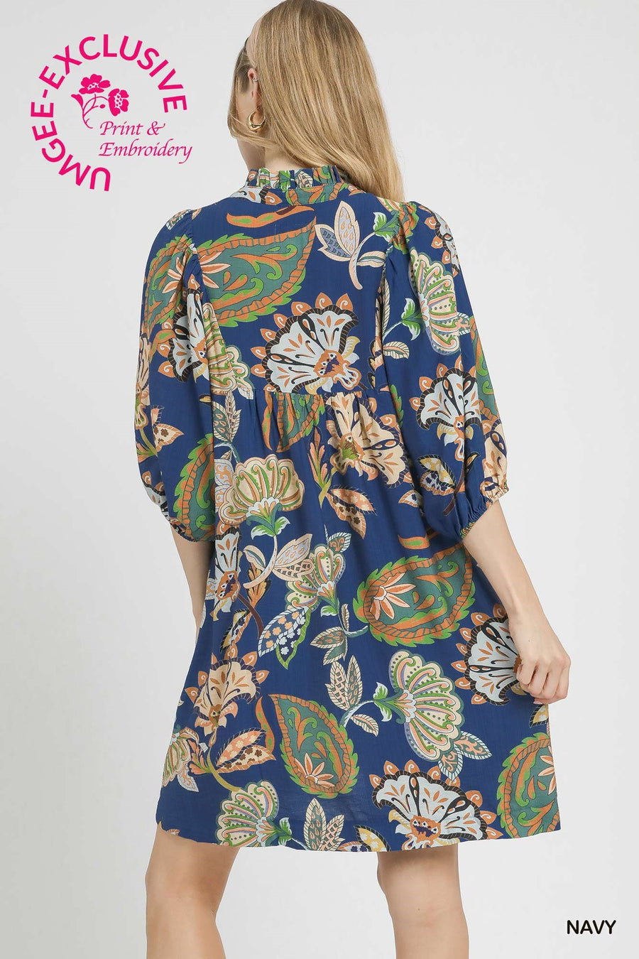 Navy Paisley Puff Sleeve Babydoll Dress