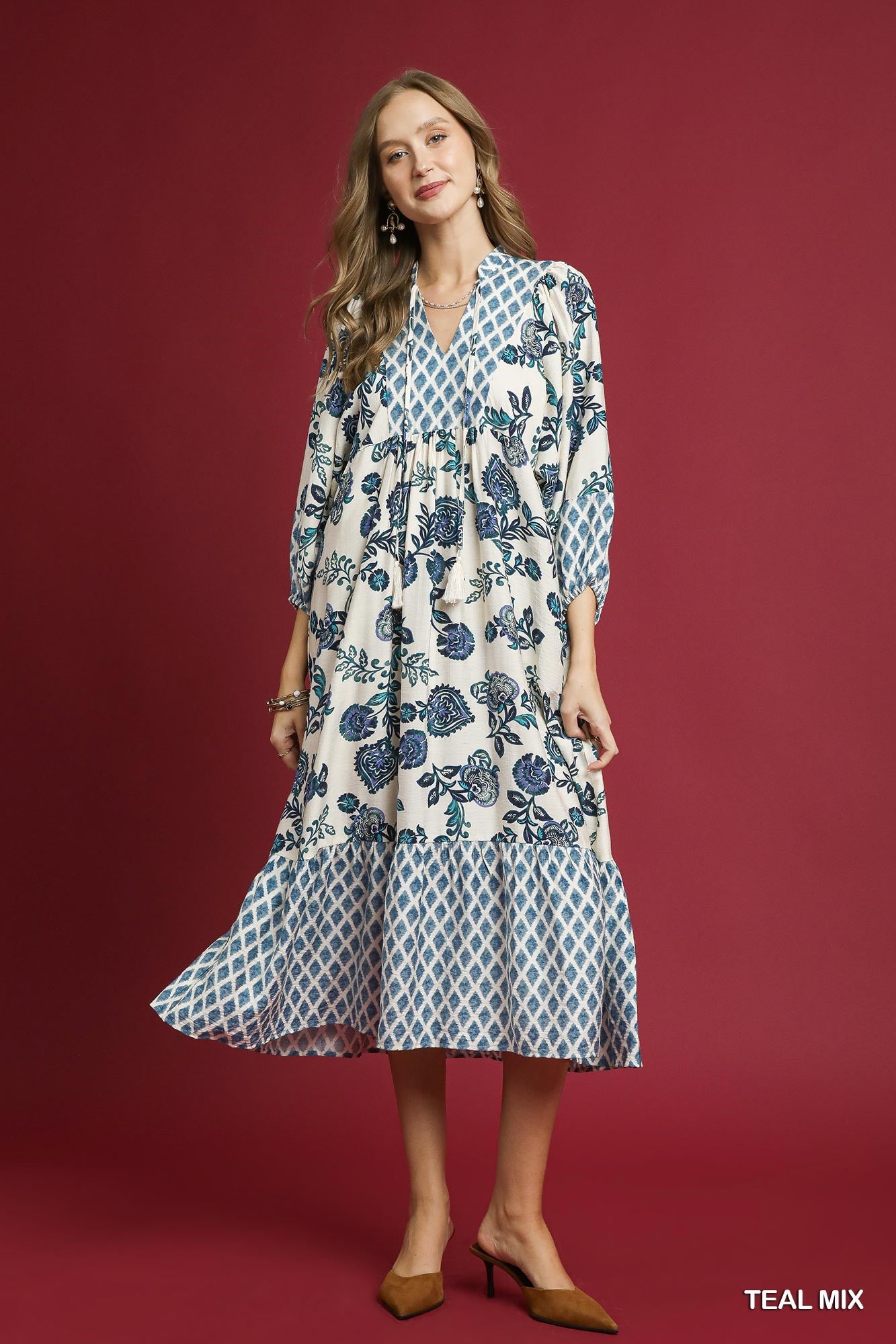 Teal Mixed Print Boho Maxi Dress