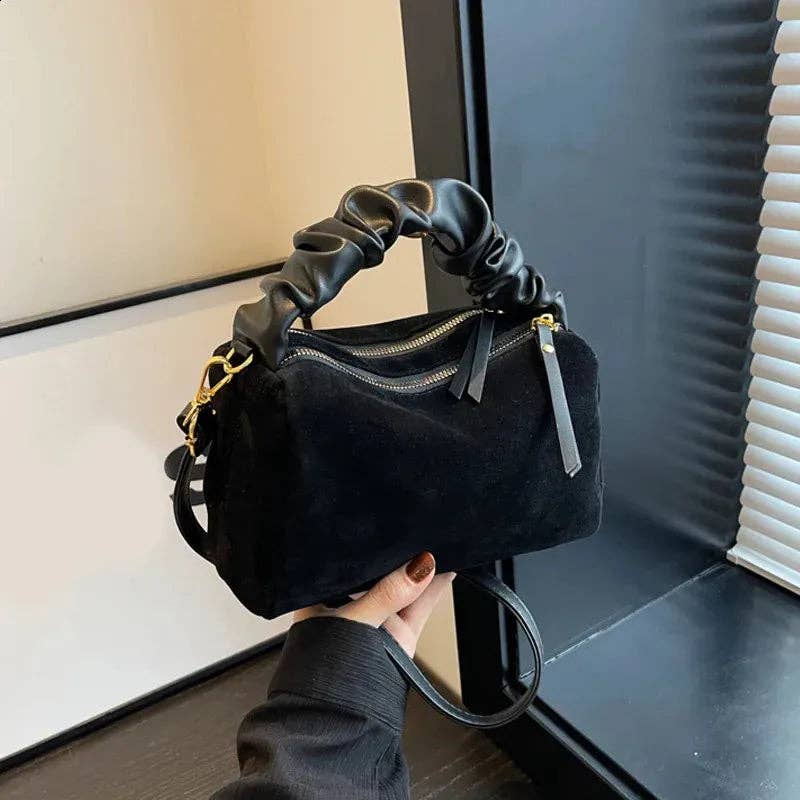 Faux Suede Ruched Handle Crossbody/Satchel Bag