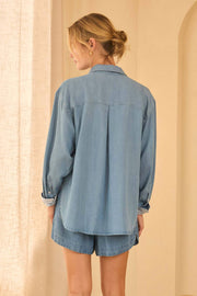 Skies Are Blue Washed Tencel Shirt with Pocket and Stripe Cuff