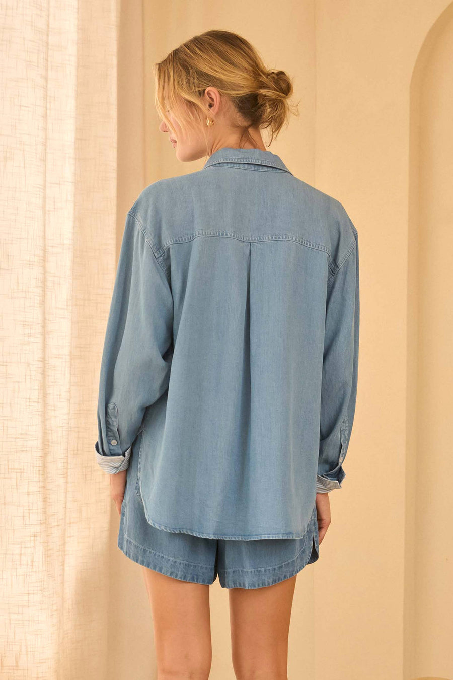 Skies Are Blue Washed Tencel Shirt with Pocket and Stripe Cuff