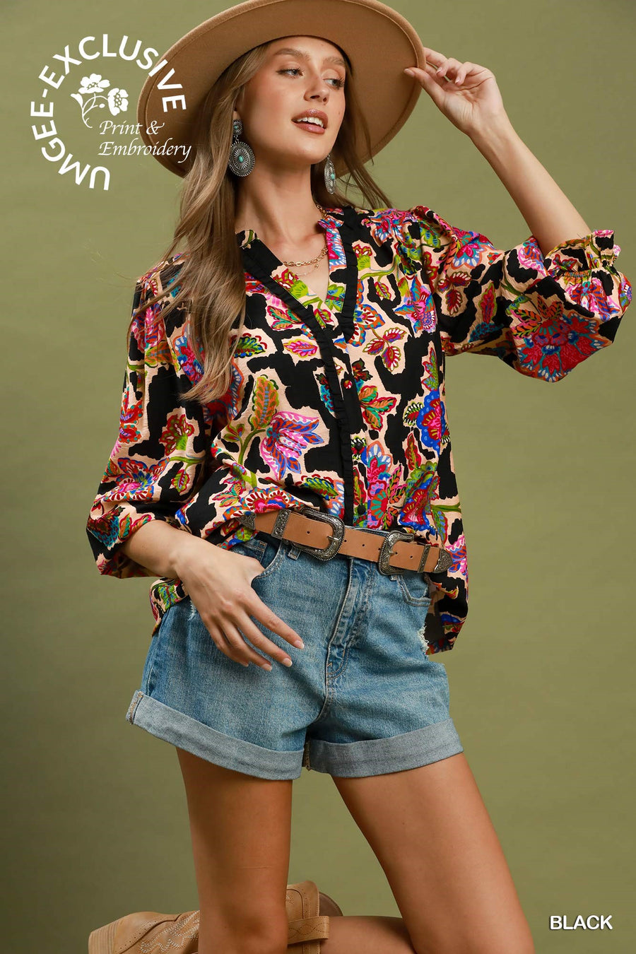 Umgee Black Floral Print Button Down Top