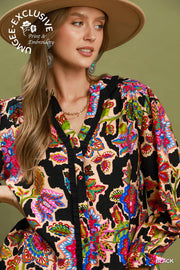Umgee Black Floral Print Button Down Top
