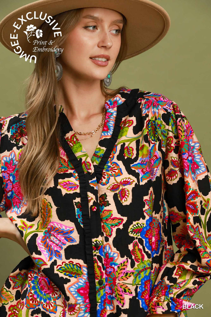 Umgee Black Floral Print Button Down Top