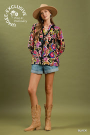 Umgee Black Floral Print Button Down Top