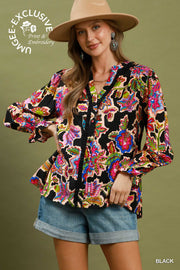 Umgee Black Floral Print Button Down Top