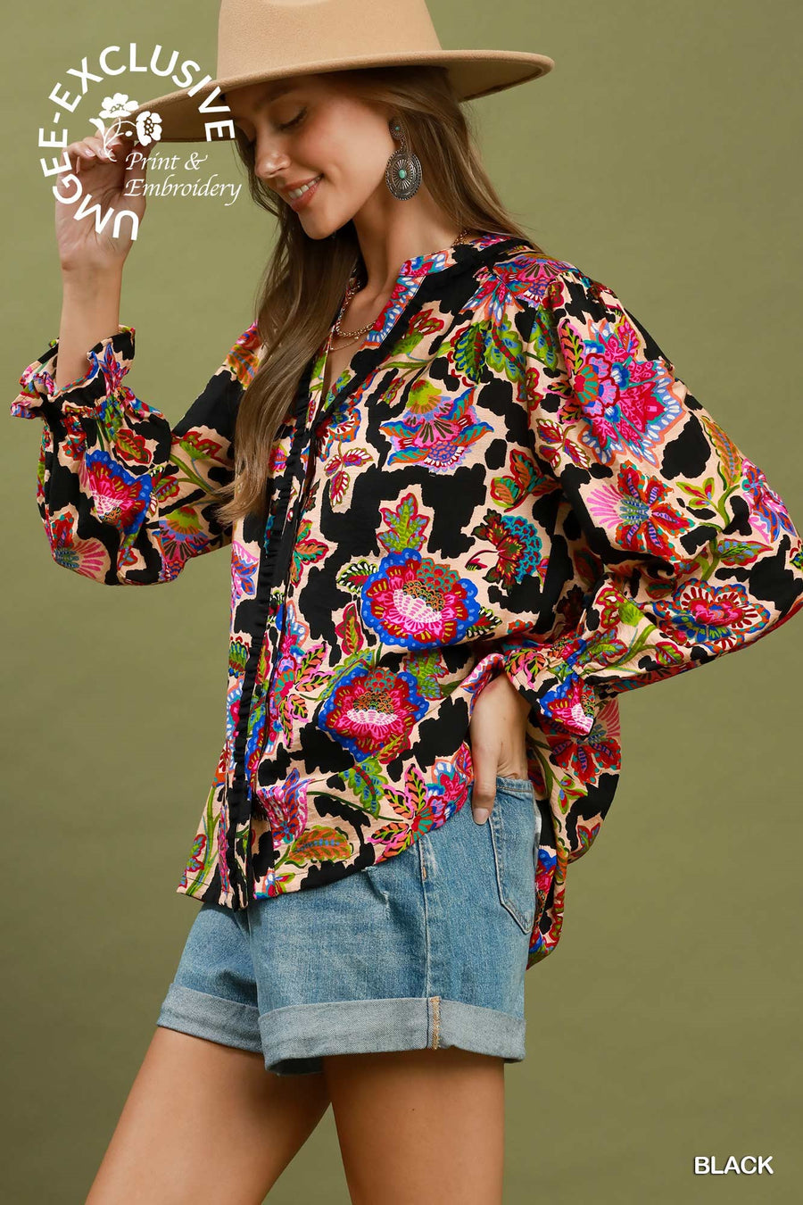 Umgee Black Floral Print Button Down Top