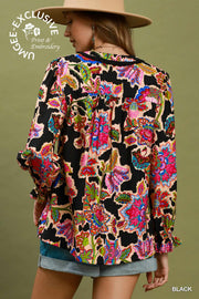 Umgee Black Floral Print Button Down Top