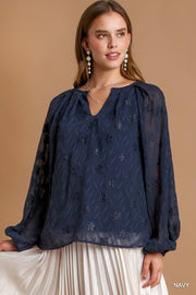 Navy V-Neck Jacquard Blouse