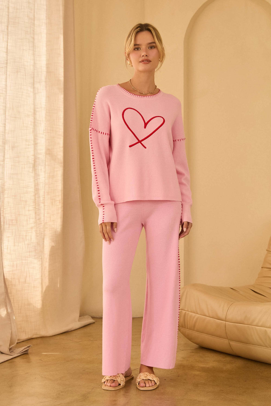Skies Are Blue Heart-Embroidered Sweater with Blanket Stitch