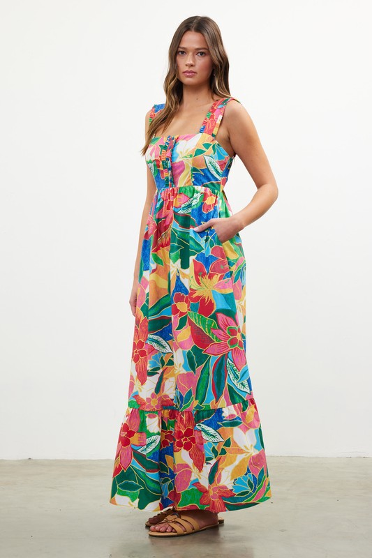 Skies are Blue Tropical Tiered Maxi Dress