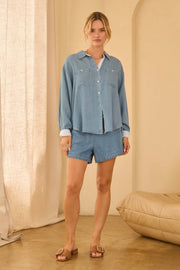 Skies Are Blue Washed Tencel Shirt with Pocket and Stripe Cuff