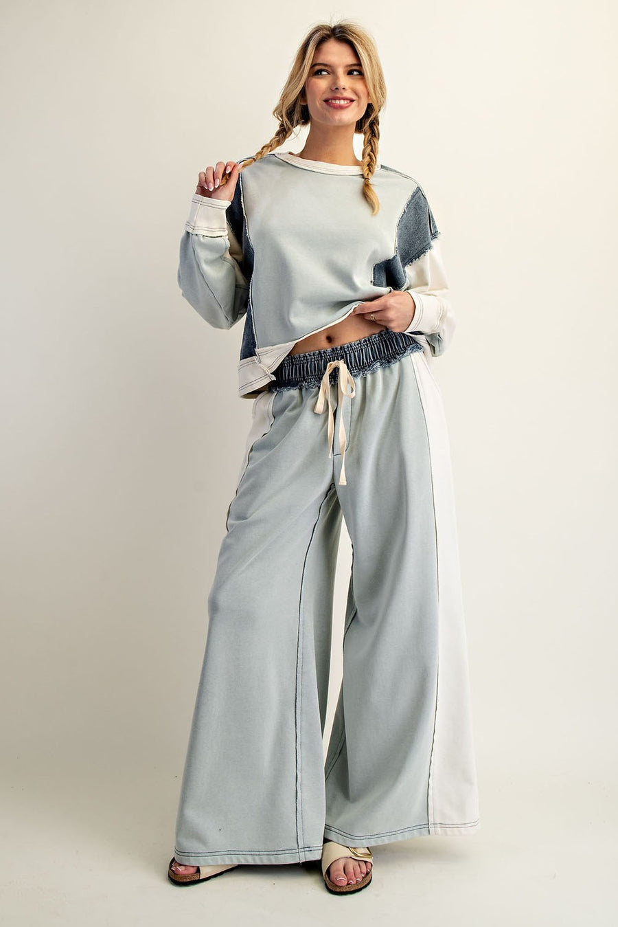 Color Block Denim Drawstring Pants
