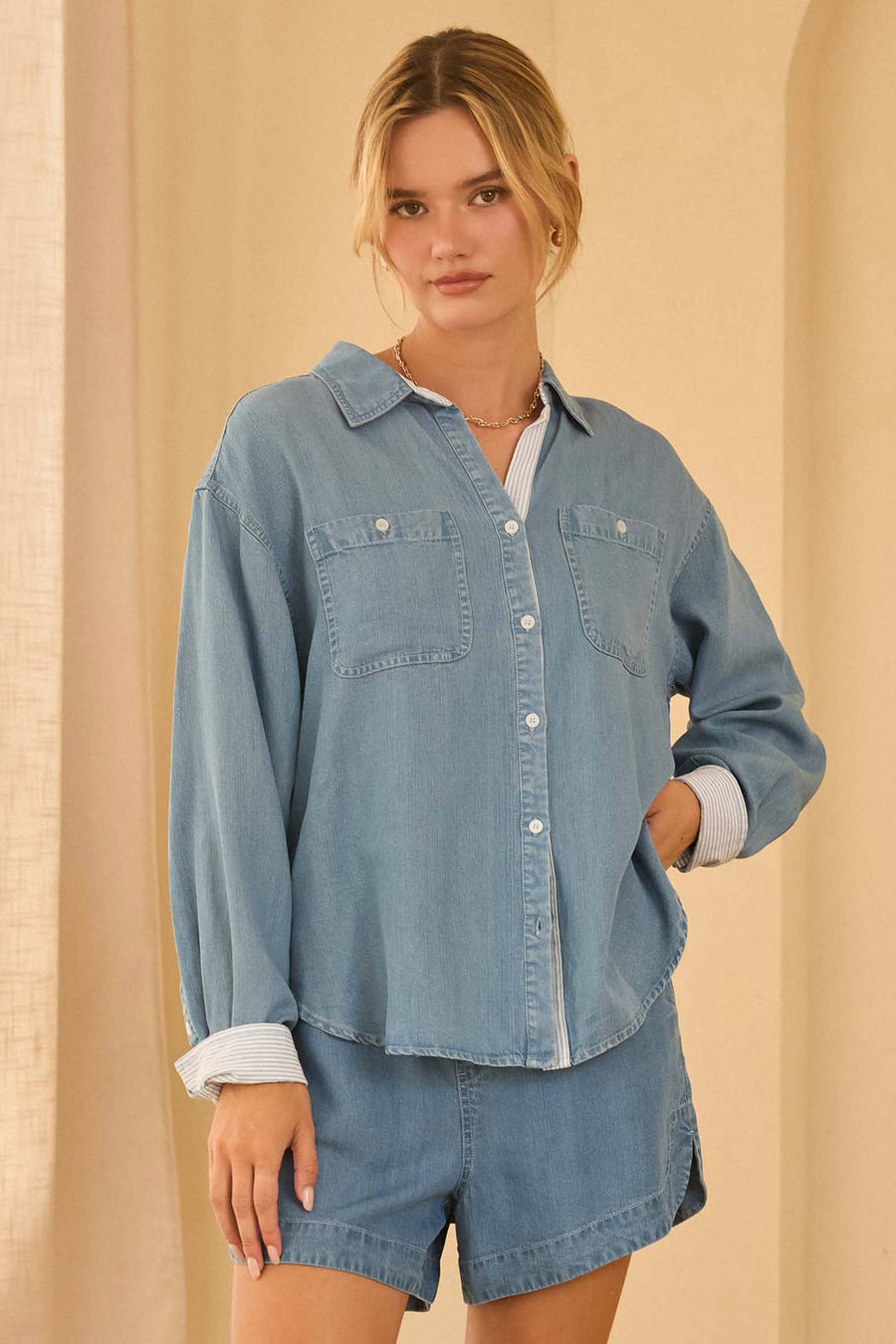Skies Are Blue Washed Tencel Shirt with Pocket and Stripe Cuff