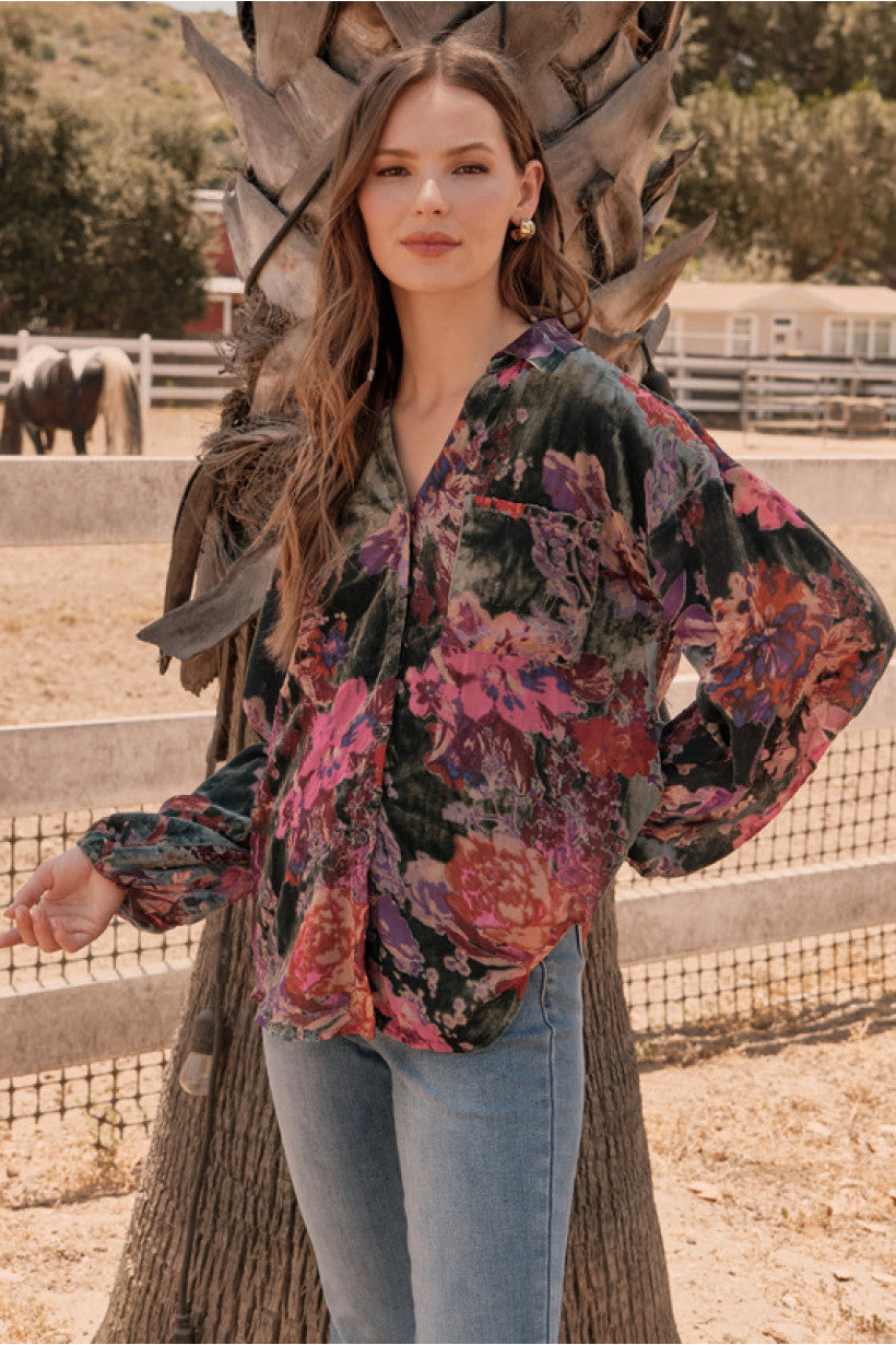 Velvet Floral Print Top