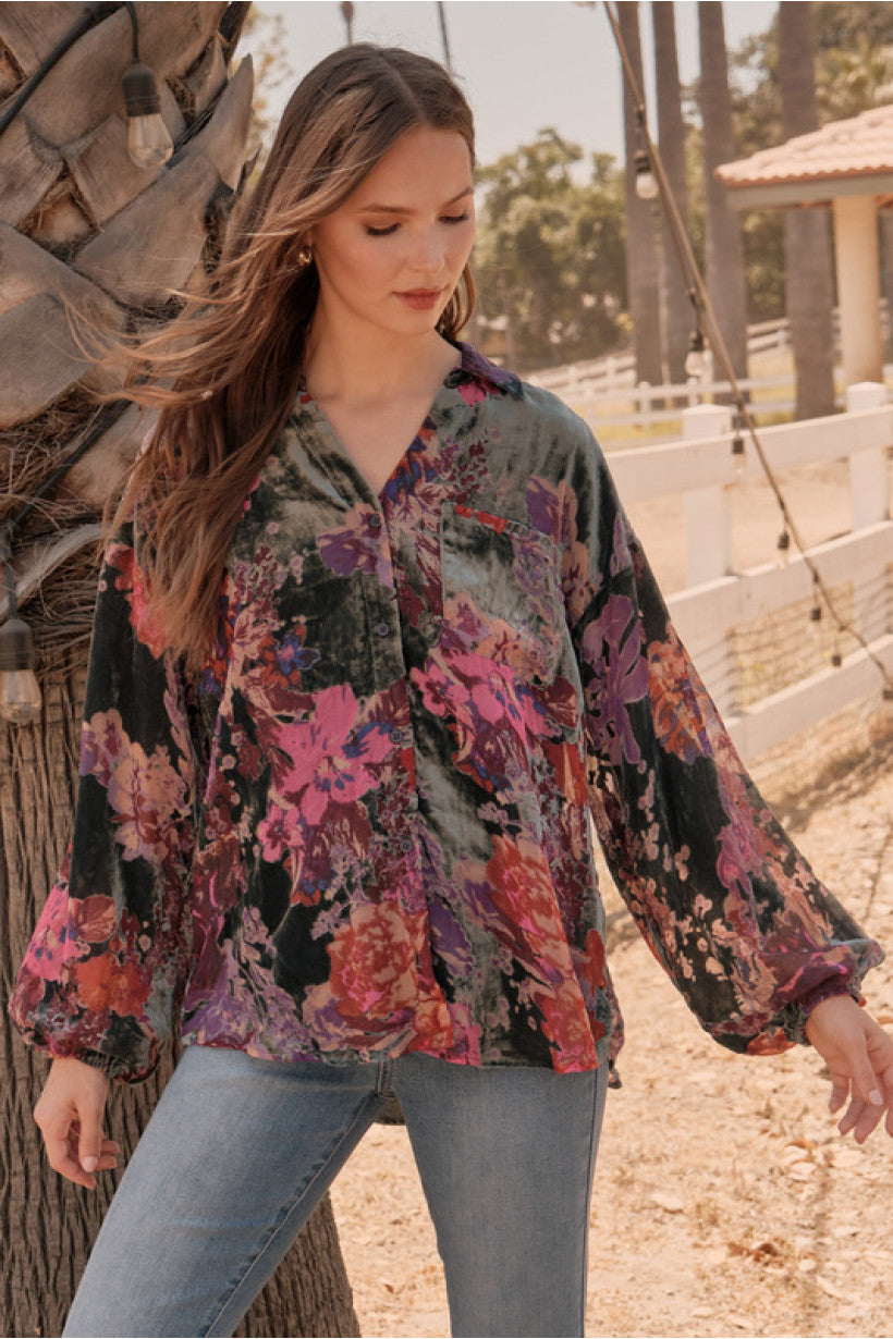 Velvet Floral Print Top