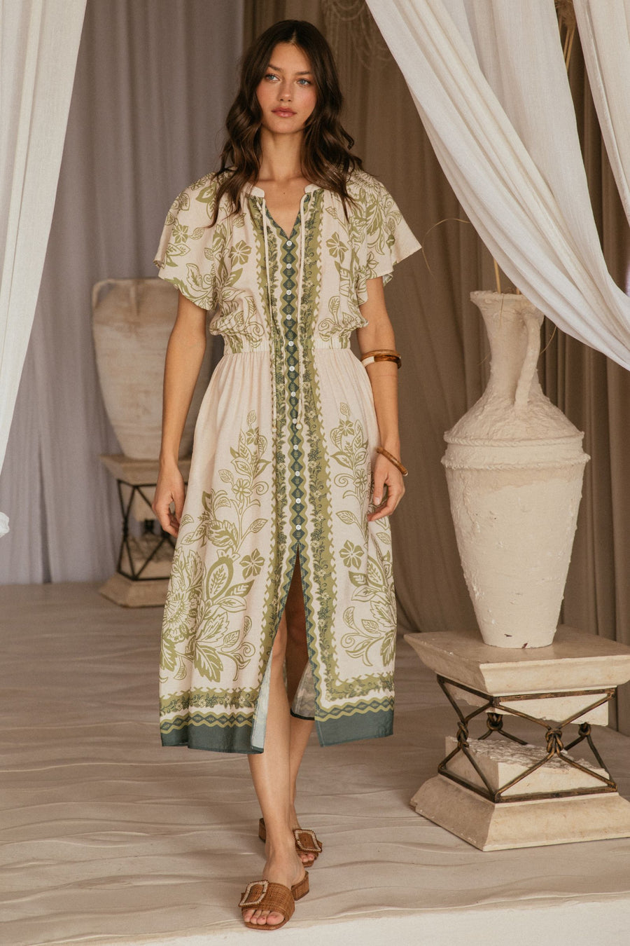 Skies are Blue Olive Print Midi Dress