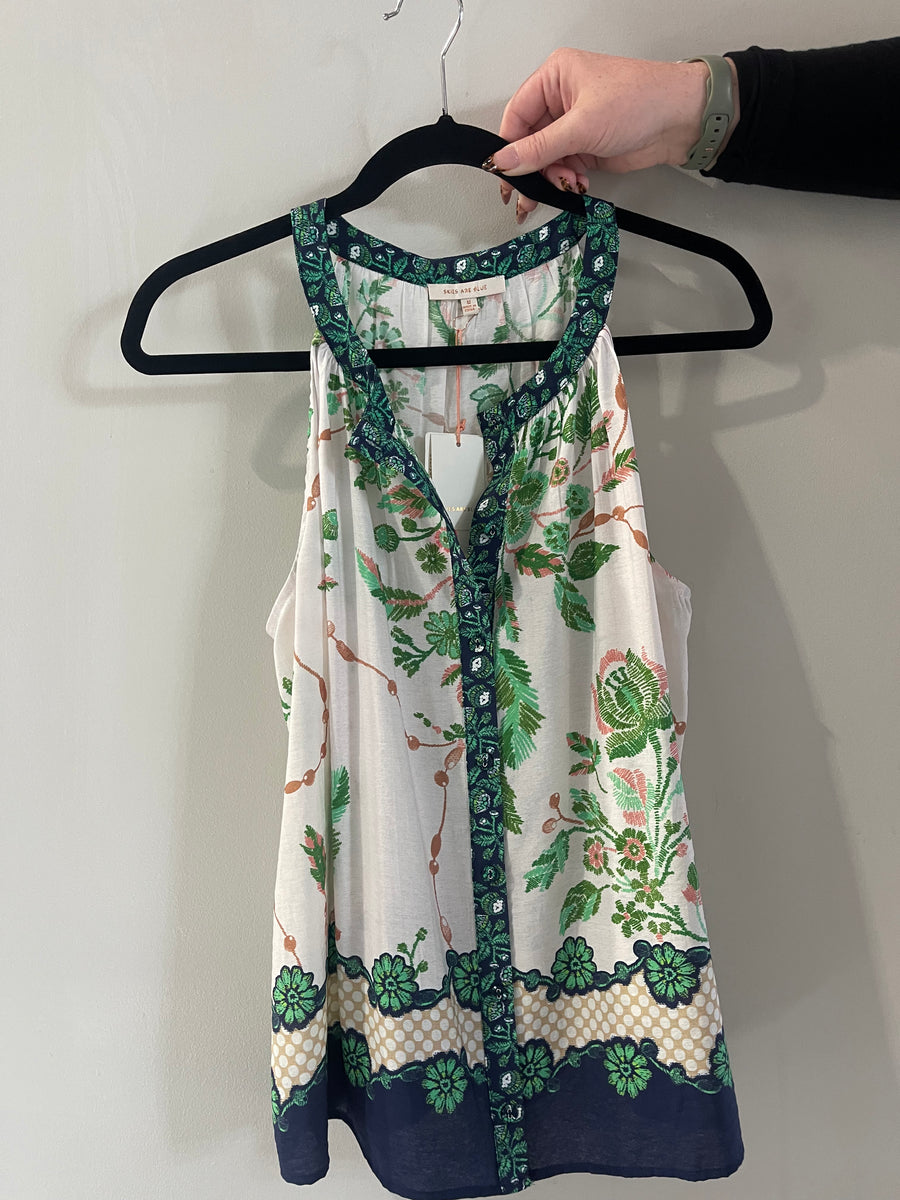 Skies are Blue Green & Navy Print Top