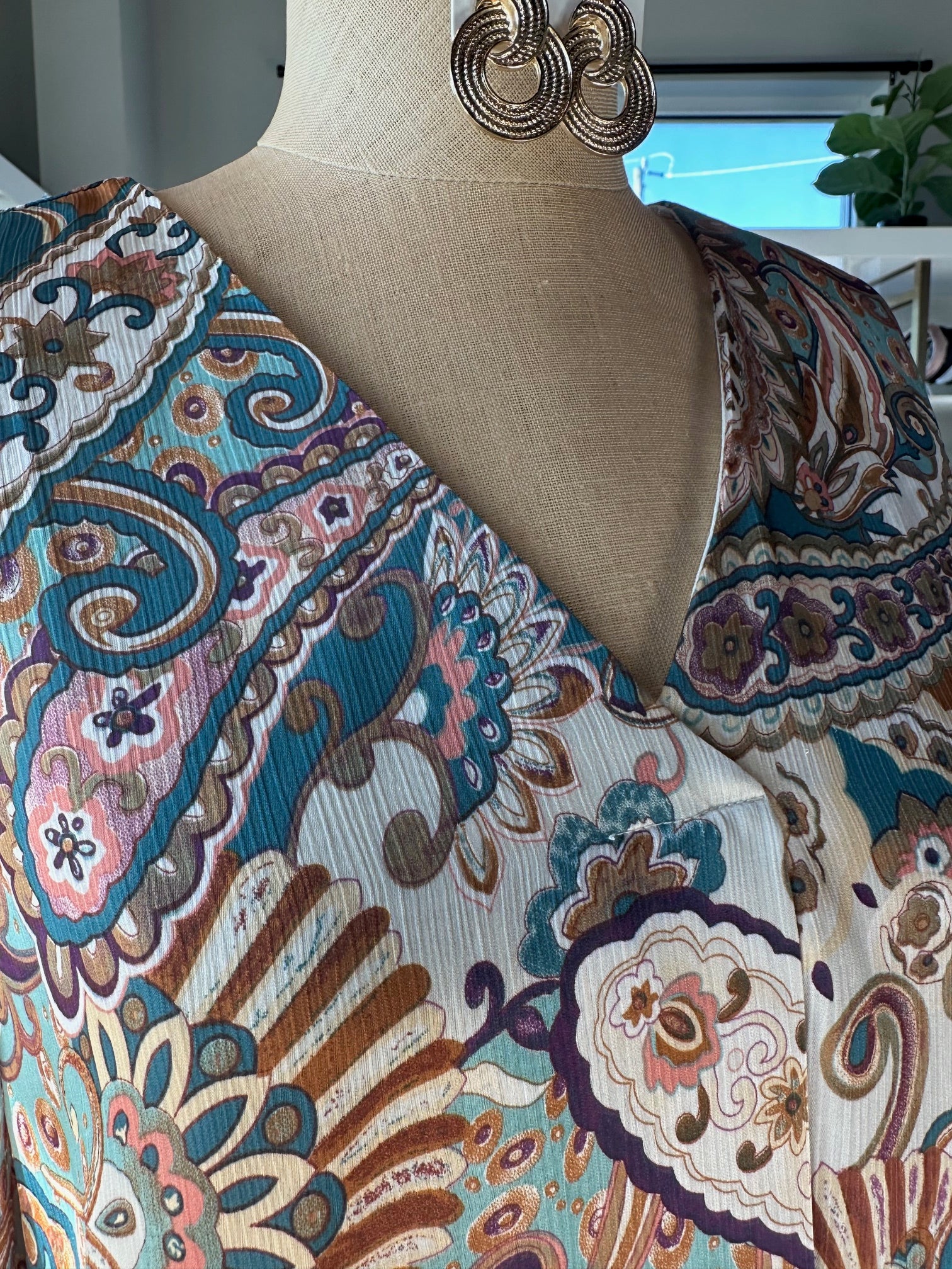 Teal Paisley V-Neck Blouse