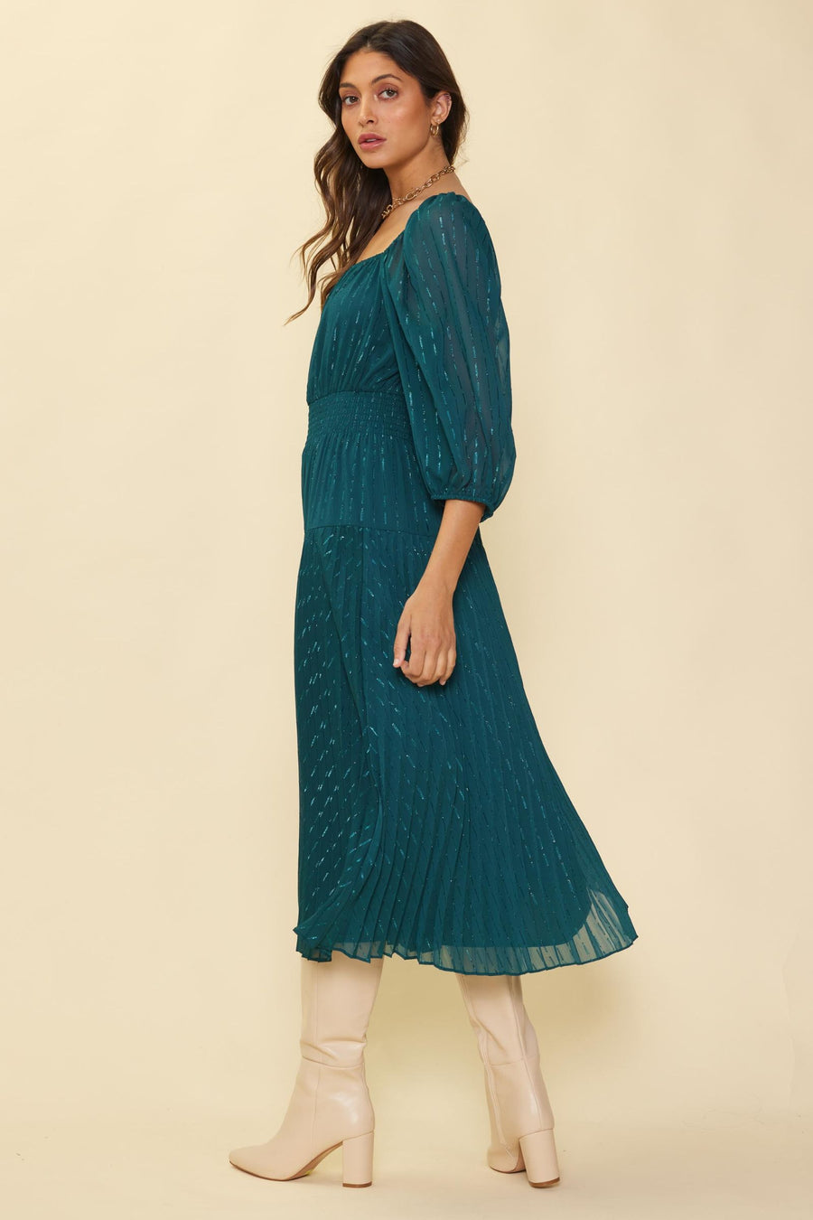 Skies Are Blue Emerald Sparkle Pleated Dress